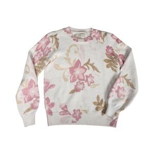 LOFT Petites Pink Floral Crew Neck Pullover Sweater White SP Cotton Blend